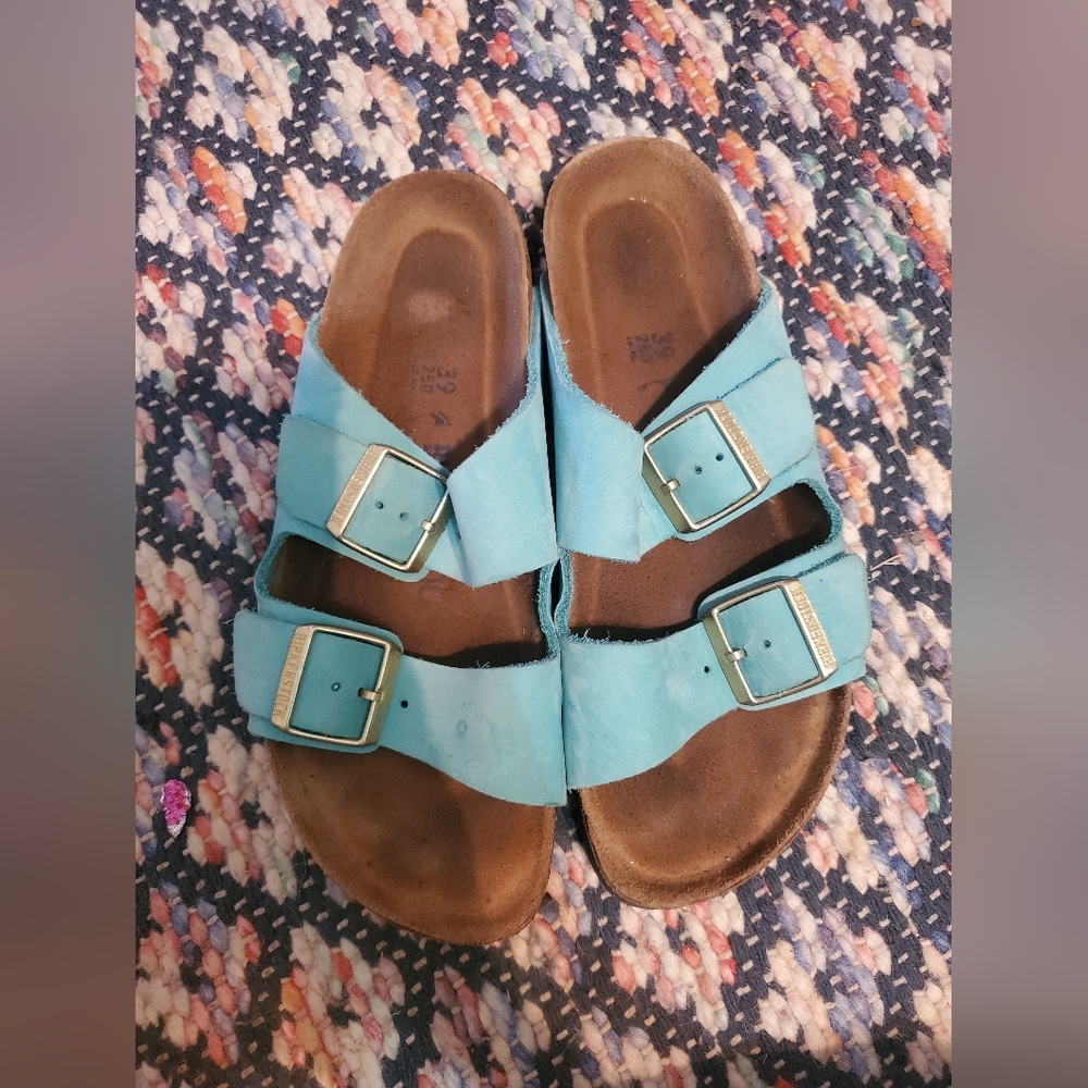 Turquoise and gold Birkenstock Arizona